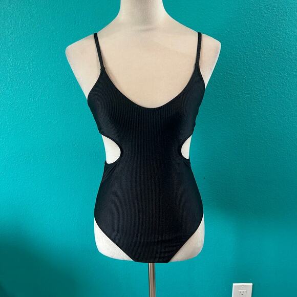 NWT Aerie Shine Rib Voop Cheeky One Piece Swimsuit True Black Beach Surf Size S - Picture 3 of 7